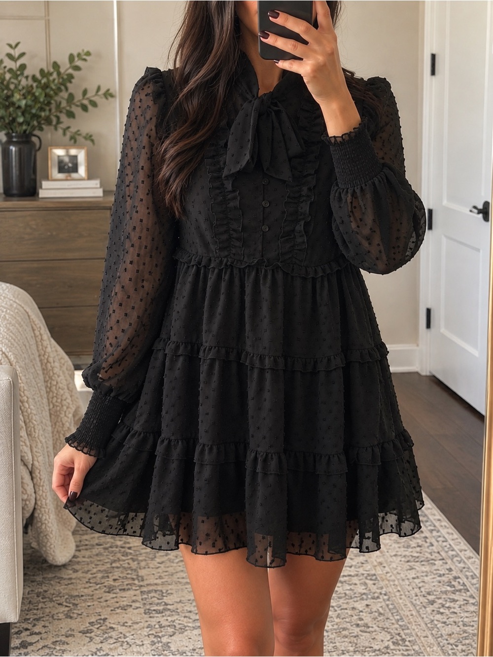 SHEIN Black Ruffle Tiered Mini Dress with Tie Neck